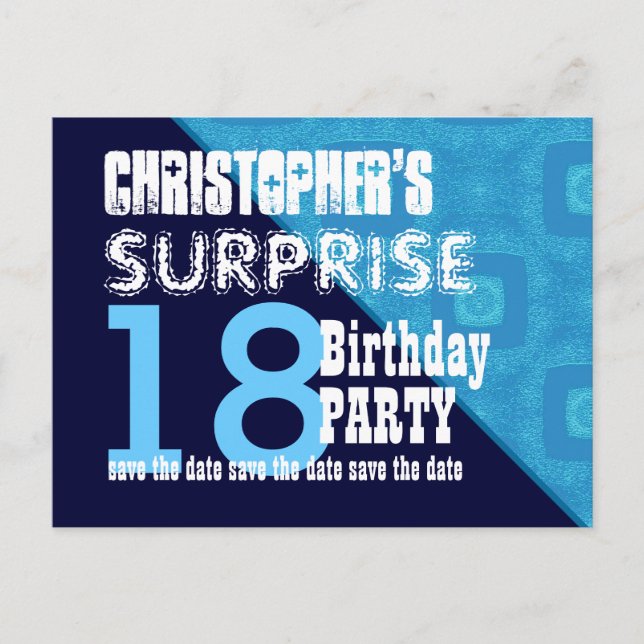 18. Überraschung Geburtstag Save the Date Diagonal Ankündigungspostkarte (Vorderseite)