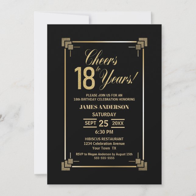 18e anniversaire Black and Gold Party Invitation (Devant)