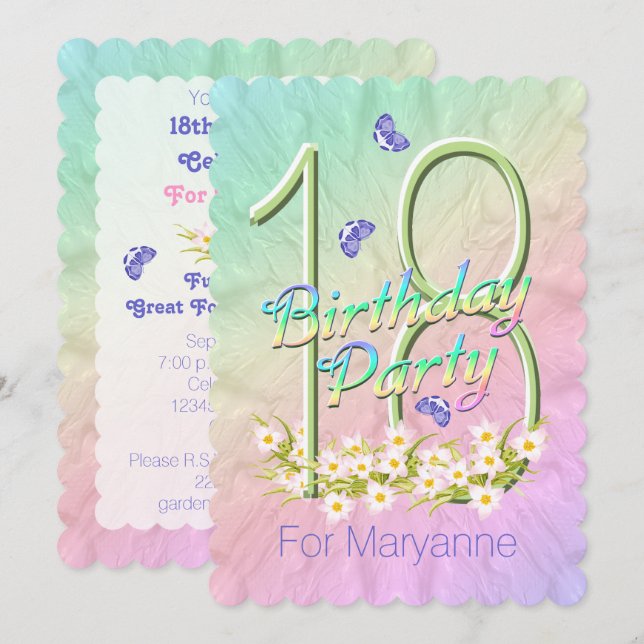 18e anniversaire Fête papillon Invitation Jardin (Devant / Derrière)
