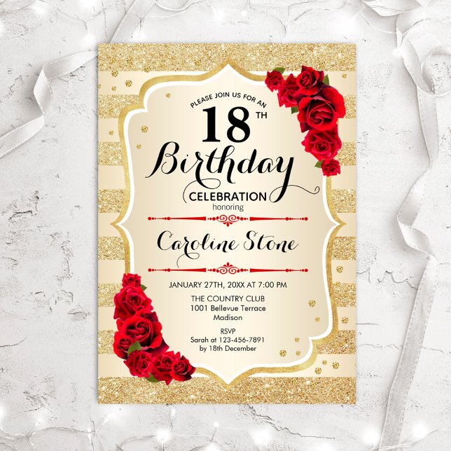 18e anniversaire - Gold Stripes Invitation Rose (Créateur téléchargé)