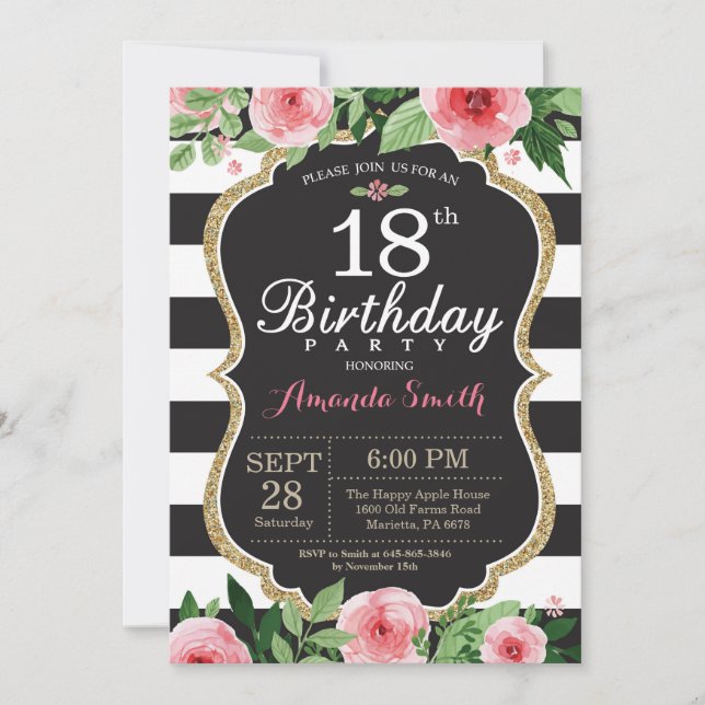 18e anniversaire Invitation Femmes. Or floral noir (Devant)