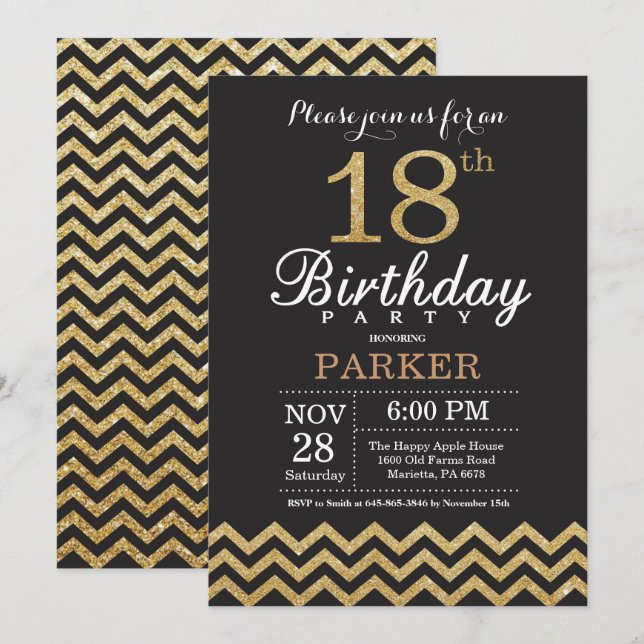 18e anniversaire Invitation Gold Parties scintilla (Devant / Derrière)