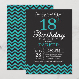 18e anniversaire Invitation Noir et Turquoise