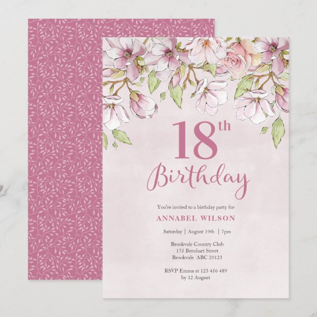 18e anniversaire Invitation rose florale (Devant / Derrière)