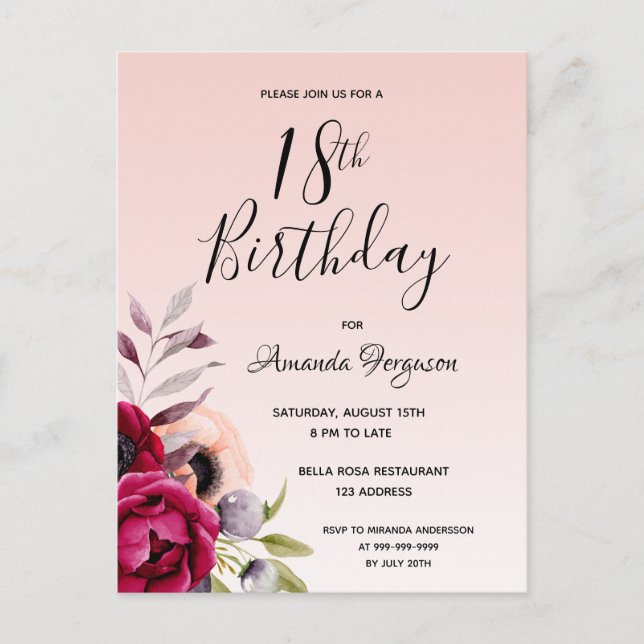 18e anniversaire rose Bourgogne invitation florale (Devant)