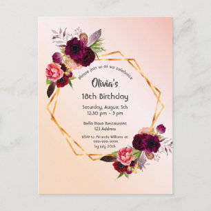 18e anniversaire rose or blush invitation florale