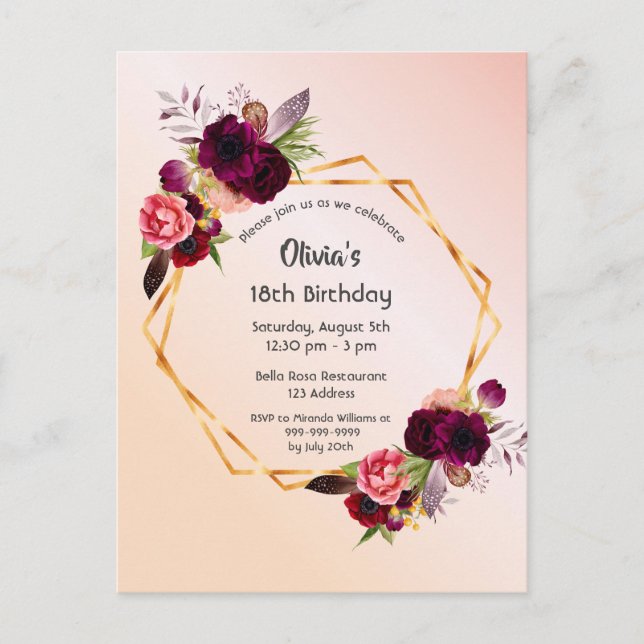 18e anniversaire rose or blush invitation florale (Devant)