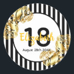18th birthday black,gold roses white strips runder aufkleber<br><div class="desc">A sticker for a 18th birthday party. Classic slim black and white vertikale stripes as background. With girly and feminine, falsch gold roses as decoration. A frame with template for age, name and date. Alter 18 number in black and date in black. The name is written with a hand-lettered style...</div>