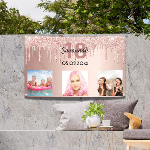 18th birthday custom photo rose gold pink glitter banner