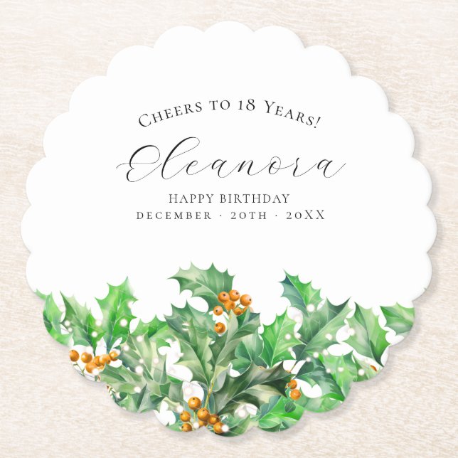 18th Birthday December Birth Flower Holly Custom Untersetzer (Vorderseite)