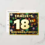 18th Birthday Party: Bold, Colorful Fireworks Look Folie Einladungspostkarte<br><div class="desc">The front of this bold eighteenth birthday party foil einladung postcard design feature a customizable name, a large number 18th, the message "BIRTHDAY PARTY!", and a border. The background of the front has a joyful, colorful pattern that ähnelt bursting celebratory fireworks. The back feys personalized details about the event, such...</div>