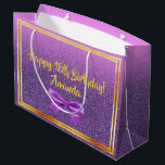 18th birthday purple pink glitter monogram name große geschenktüte<br><div class="desc">A girly light pastel pink and ultra violet ombre,  gradient with faux glitter backdrop and faux gold frames. (no real glitter or gold) With the text: Happy 18th Birthday!   Template for her name,  golden letters. Decorated with an elegant purple colored bow.</div>