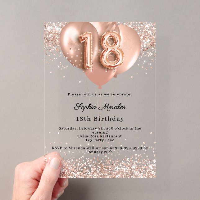 18th birthday rose gold luxury balloons clear acryleinladungen (Insitu (Handheld))
