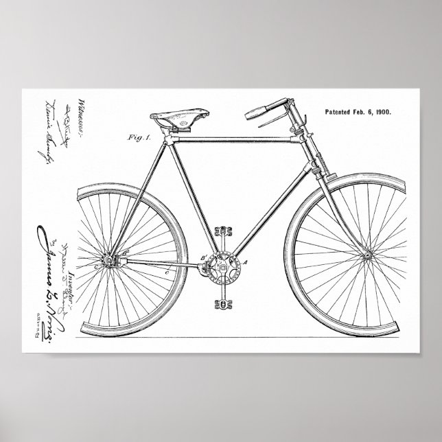 1900 Chainless Bicycle Design Patent Art Print Poster (Vorne)