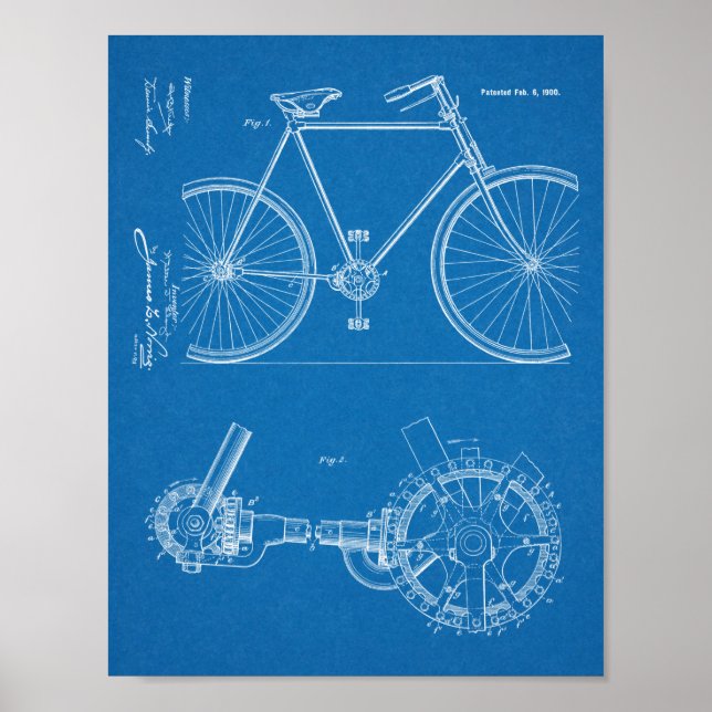 1900 Chainless Bicycle Design Patent Art Print Poster (Vorne)