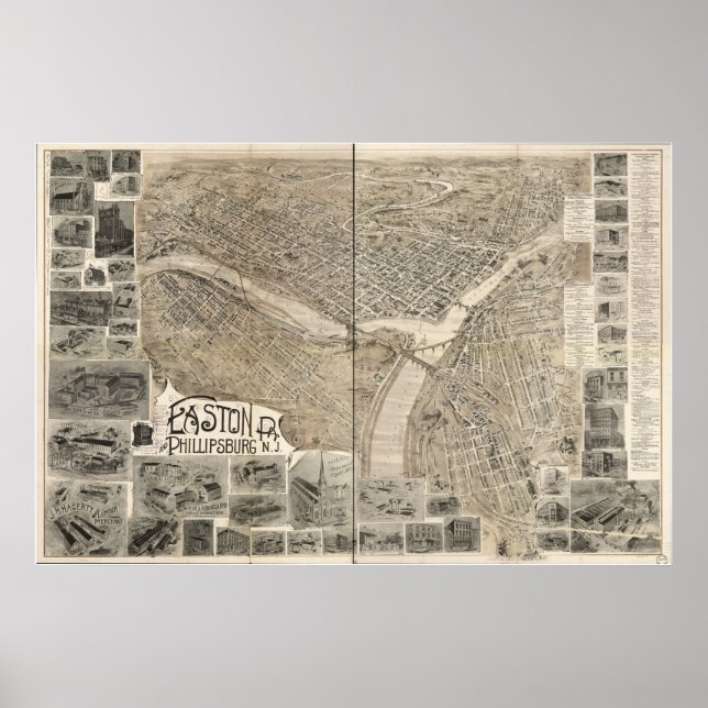 1900 Easton, PA & Phillipsburg, NJ Panorama Karte Poster (Vorne)
