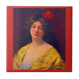 1901 schöne Dame mit einem Schal Fliese