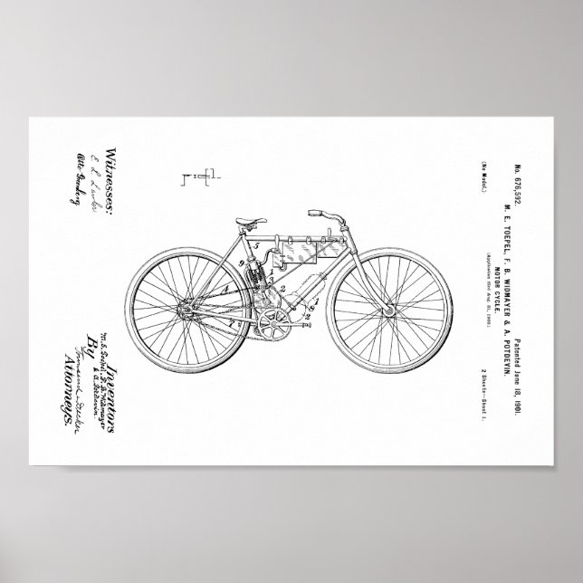1901 Vintage motorisierte Fahrradpatente Art Print Poster (Vorne)
