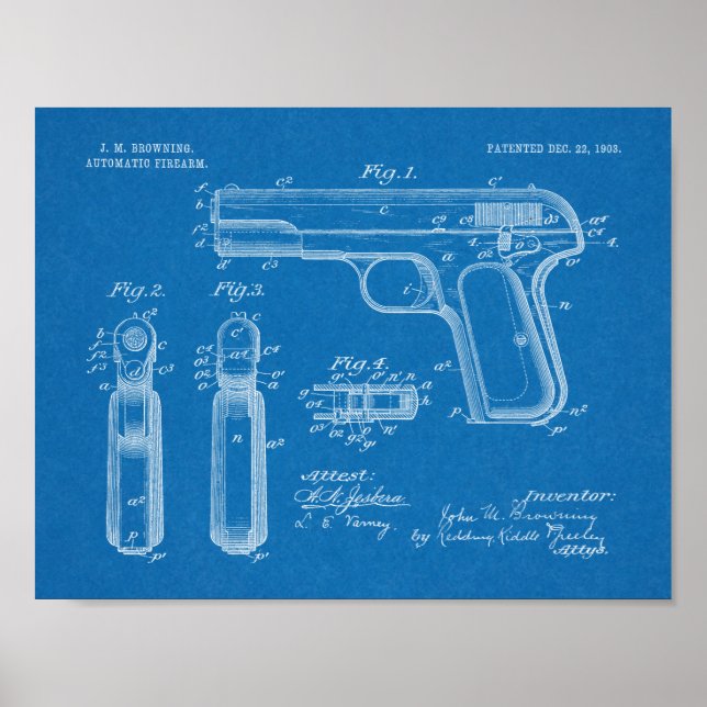 1903 Browning Gun Brevet Art Dessin Impression (Devant)