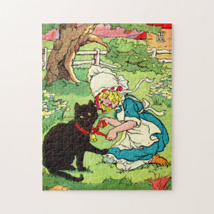 1905 beugt sich kleine Mädchen ihrer schwarzen Kat