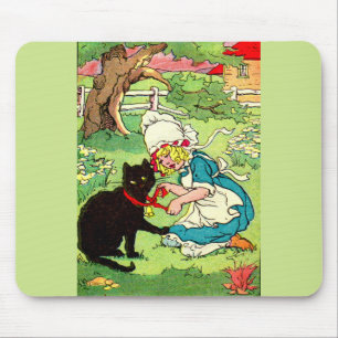 1905 beugt sich kleine Mädchen ihrer schwarzen Kat Mousepad