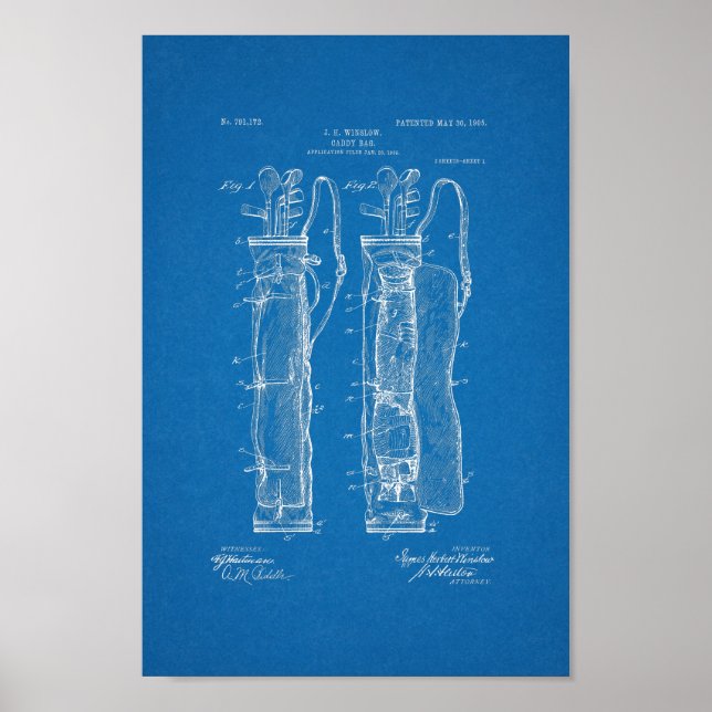 1905 Vintager Golf Bag Patentschrift Blueprint Art Poster (Vorne)