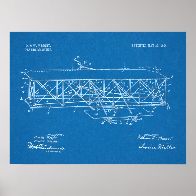 1906 Wright Brothers Airplane Patent Art Drawing Poster (Vorne)