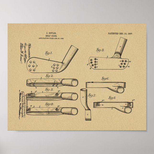 1907 Golf Club Head Patent Art Zeichnend Print Poster (Vorne)
