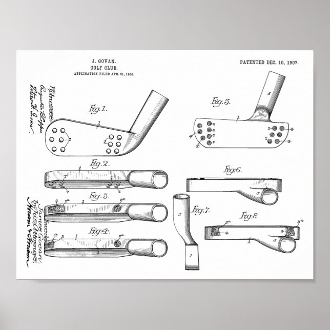 1907 Golf Club Head Patent Art Zeichnend Print Poster (Vorne)