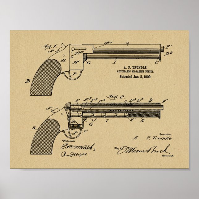 1909 Gun Auto Patent Art Zeichnend Print Poster (Vorne)