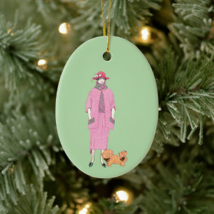 1910er Fashion Illustration Lady & Pekingese Dog Keramik Ornament
