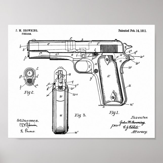 1911 Colt Browning Gun Patent Art Drawing Print Poster (Vorne)