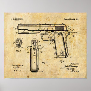 1911 Colt Browning Gun Patent Art Zeichnend Print Poster