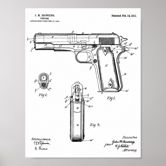 1911 Colt Browning Gun Patent Art Zeichnend Print Poster (Vorne)