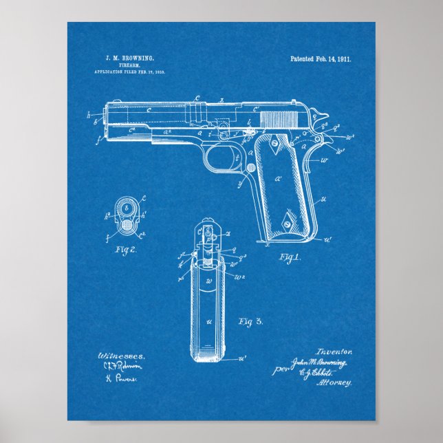1911 Colt Browning Gun Patent Art Zeichnend Print Poster (Vorne)