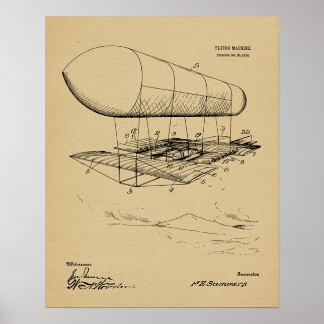 1914 Flying Machine Patent Art Zeichnend Print Poster (Vorne)