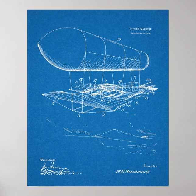 1914 Flying Machine Patent Art Zeichnend Print Poster (Vorne)