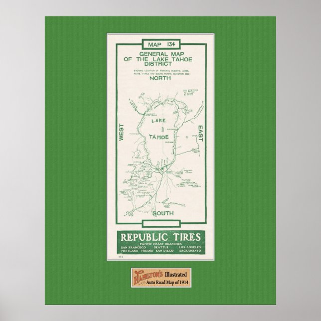 1914 Karte des Lake Tahoe Poster (Vorne)