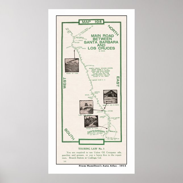 1914 Karte, Santa Barbara nach Los Cruces Poster (Vorne)