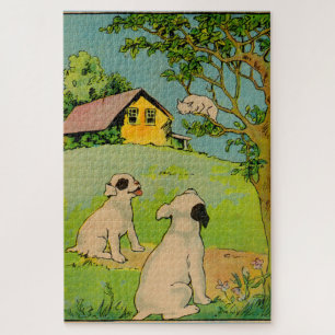 1914 zwei Hunde und eine kleine weiße Katze