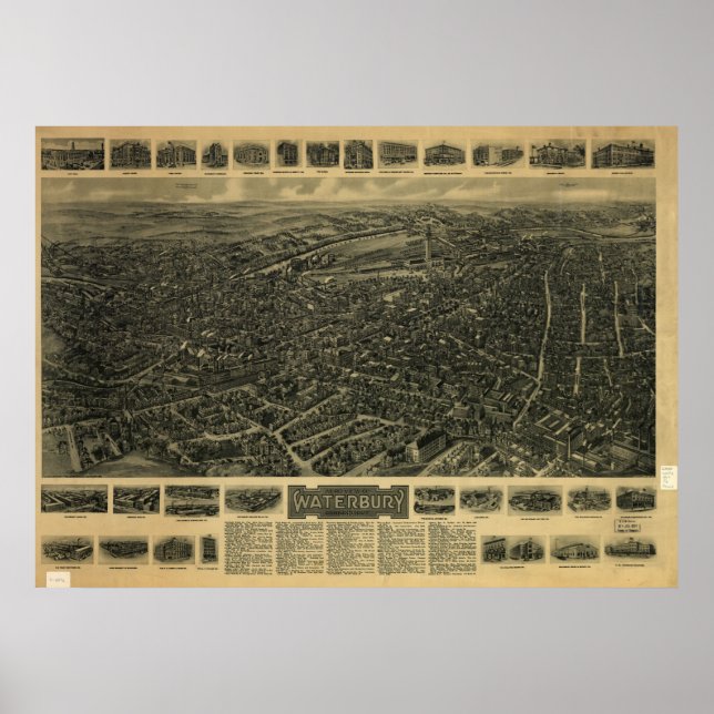 1917 Waterbury CT Birds Eye View Panoramic Map Poster (Vorne)