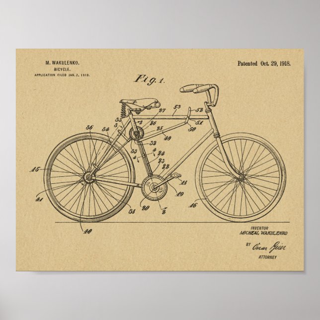 1918 Chainless Bicycle Design Patent Art Print Poster (Vorne)