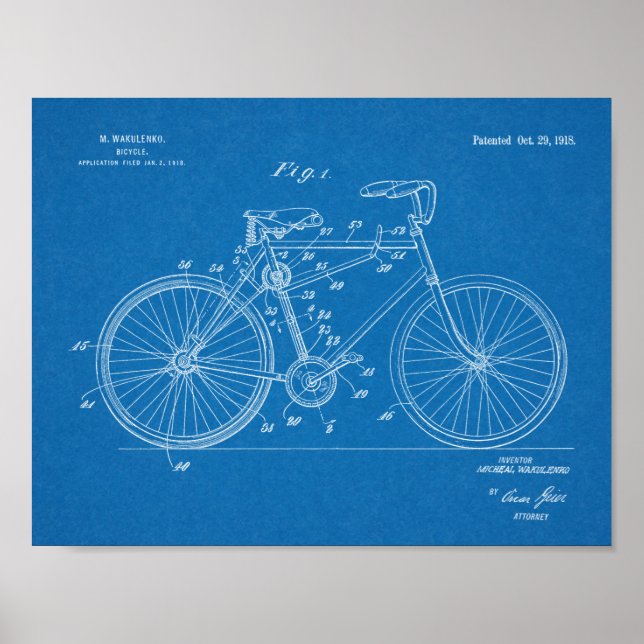 1918 Chainless Bicycle Design Patent Art Print Poster (Vorne)