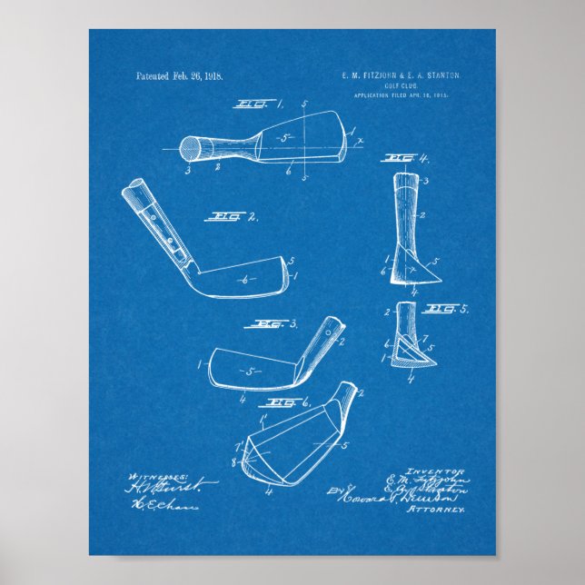 1918 Golf Club Head Patent Art Zeichnend Print Poster (Vorne)