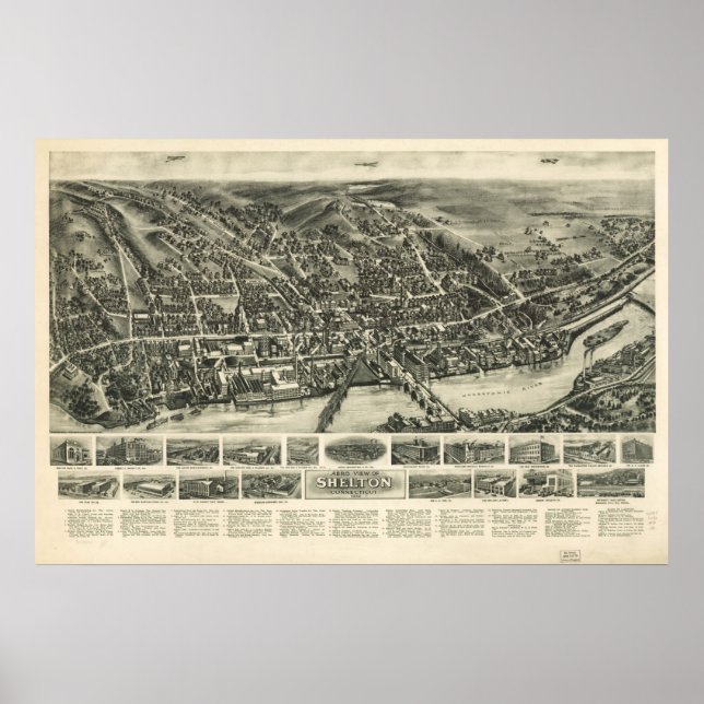 1919 Shelton CT Birds Eye Panorama Karte Poster (Vorne)