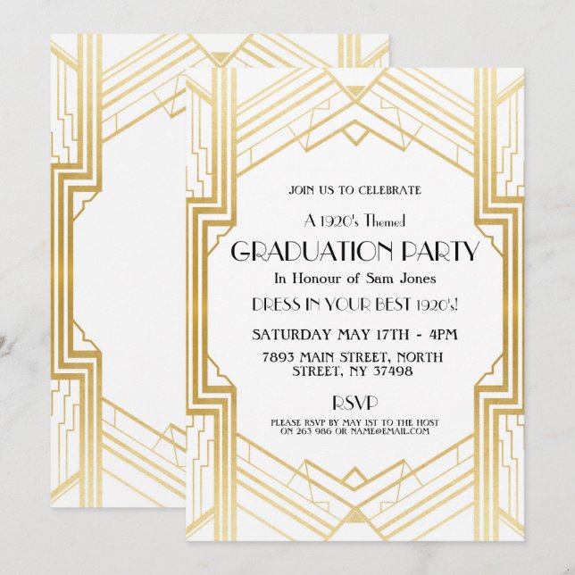 1920 Art Déco Invitation Gatsby Party Gold (Devant / Derrière)