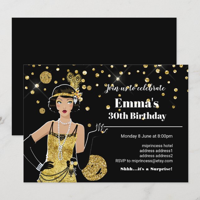 1920 Flapper Girl Einladung, Geburtstag Gatsby Einladung (Vorne/Hinten)