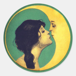 1920 Girl and Moon Round Runder Aufkleber