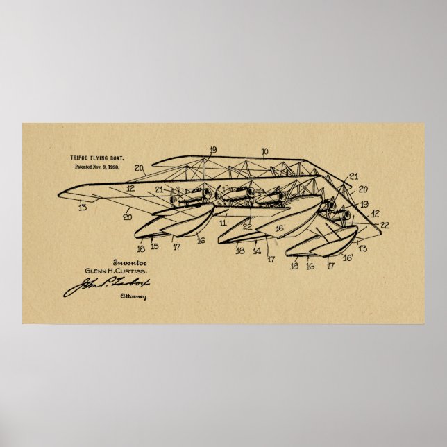 1920 Patent für ein Flugzeug mit Zeichnend Kunstdr Poster (Vorne)