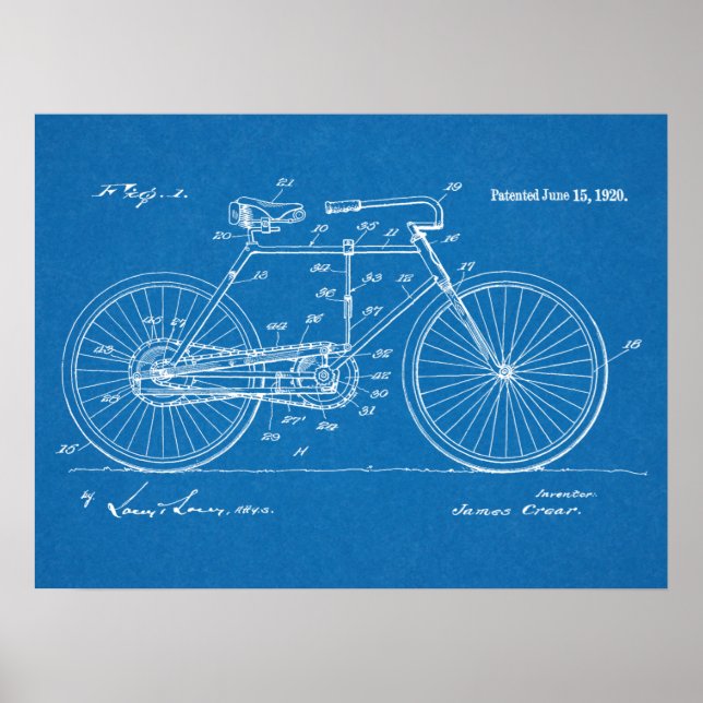 1920 Vintages Fahrrad Patent Blueprint Art Print Poster (Vorne)